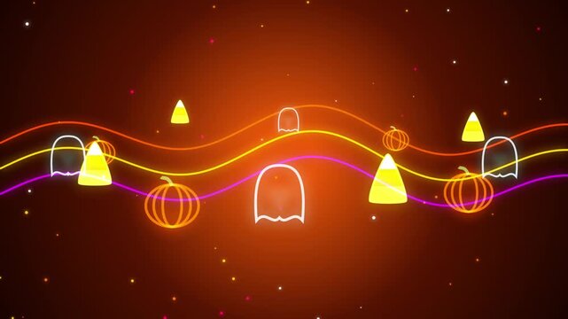 Animated Halloween background with glowing neon ghosts pumpkins candy corn festive wavy lines and pa