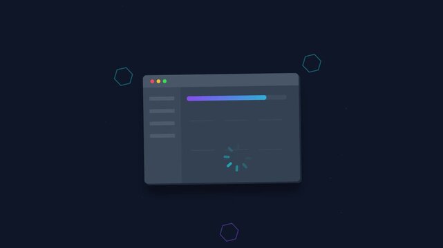 Digital interface window featuring a minimal loading spinner animation for motion render software processes and data synchronization tasks