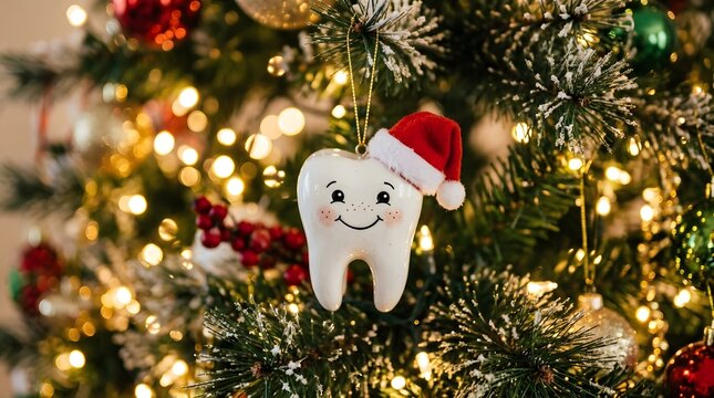 A festive tooth ornament celebrates the joyful christmas season amongst sparkling holiday decorations