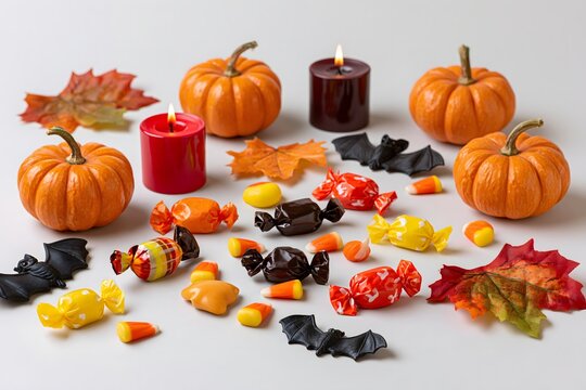 Halloween candy and treat composition with colorful wrapped sweets, pumpkins, bats, candles and autumn leaves arranged on a clean tabletop, playful premium food advertising aesthetic, soft studio