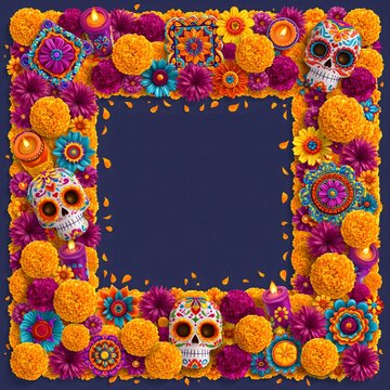 Dia de los Muertos decorative frame made from marigold flowers, colorful folk-art ornaments, candles and floral motifs, open center with clean negative space for typography, vibrant Mexican-inspired