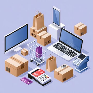 Isometric Black Friday ecommerce collection featuring online shopping devices, shopping carts, packages, payment terminals and delivery boxes, clean geometric arrangement, polished 3D isometric