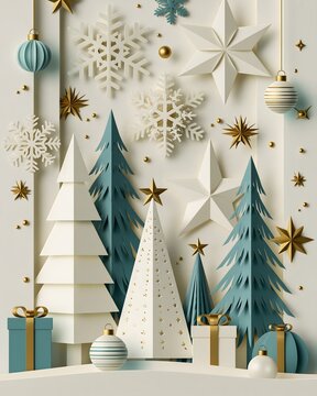 Christmas paper cut background featuring layered pine trees, snowflakes, stars, gift boxes and elegant ornaments, dimensional handcrafted paper artwork, sophisticated festive composition, generous