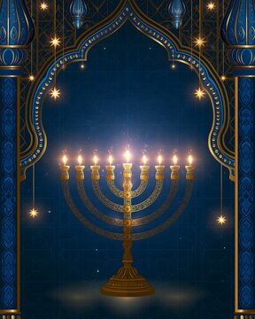Hanukkah greeting card background with glowing menorah, blue and gold decorative elements, stars, subtle geometric patterns and soft festive illumination, elegant contemporary composition, clean