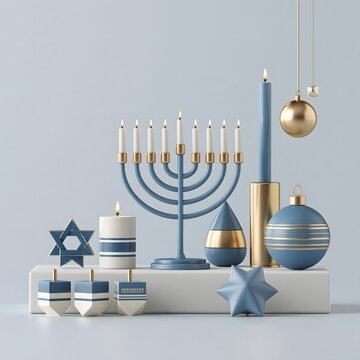 3D Hanukkah decorative collection featuring menorah, dreidels, candles, stars and blue and gold festive ornaments, polished contemporary 3D illustration, clean studio background, premium commercial