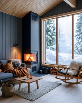 Scandinavian winter cabin interior with fireplace, wooden furniture, wool blankets, warm lighting, large snowy window view, cozy lifestyle composition