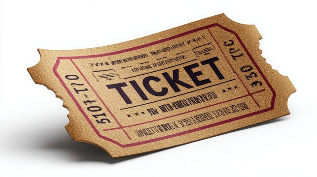 Vintage paper ticket isolated on white background for event admission and raffle prize concept