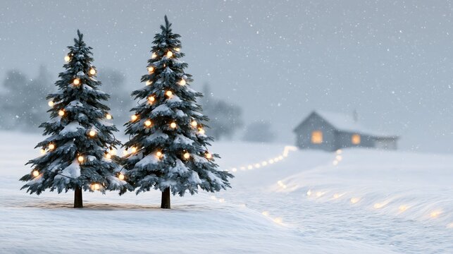 Christmas winter landscape with snow-covered trees, elegant glowing lights, distant cabin, soft snowfall, sophisticated festive atmosphere suitable for seasonal advertising