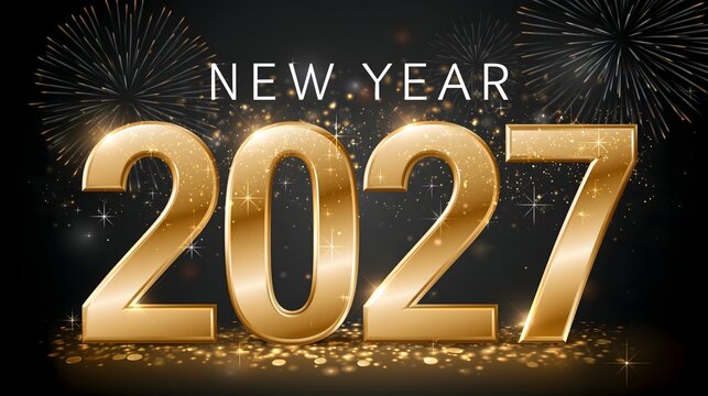 Elegant New Year 2027 celebration with large golden 2027 numbers, sparkling lights, subtle fireworks and luxurious dark background, sophisticated premium commercial composition