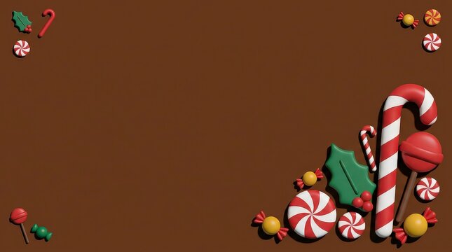 Festive christmas candy border with peppermint swirls and candy canes on a solid brown background with copy space
