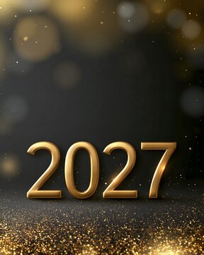 Luxury New Year 2027 background with glowing gold particles, elegant metallic 2027 numbers, soft bokeh lights and spacious dark gradient composition for premium advertising