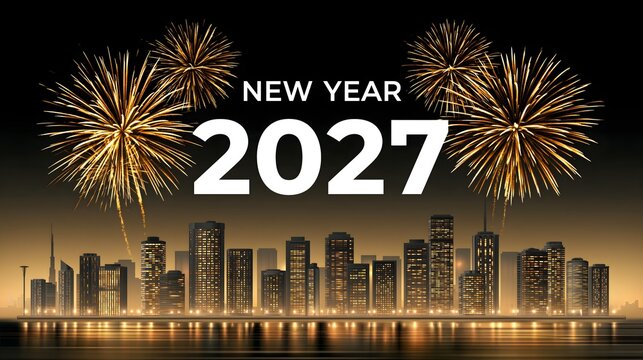 New Year 2027 greeting scene with golden fireworks illuminating a modern city skyline, elegant festive atmosphere, sophisticated celebration concept for commercial campaigns