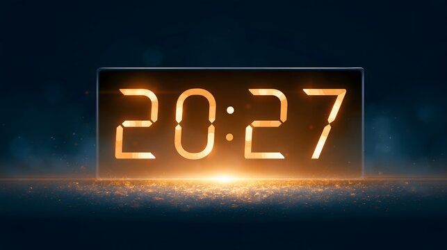 Countdown to 2027 concept with elegant digital clock approaching midnight, glowing golden light, abstract particles and dramatic dark blue atmosphere, modern commercial design