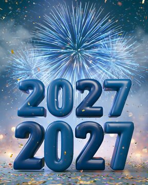 Modern New Year 2027 social media advertising concept with large 3D numerals, dynamic fireworks, floating confetti and vibrant luminous background, bold commercial campaign composition