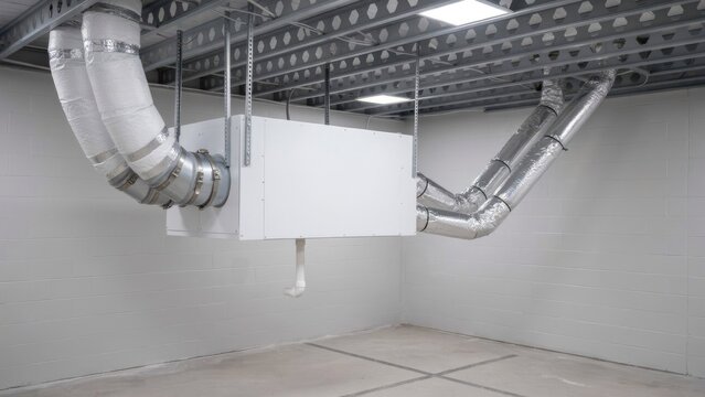 Industrial HVAC ventilation system with insulated air ducts mounted on a concrete ceiling