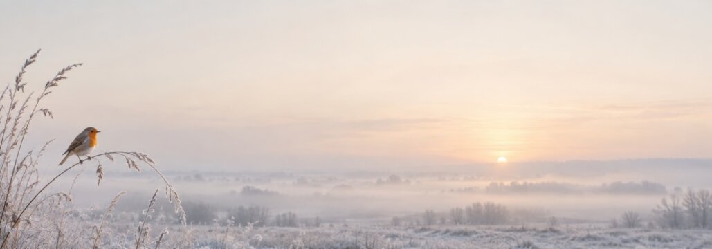 European Robin Perched on Frosted Grass Above a Misty Winter Meadow with Copy Space