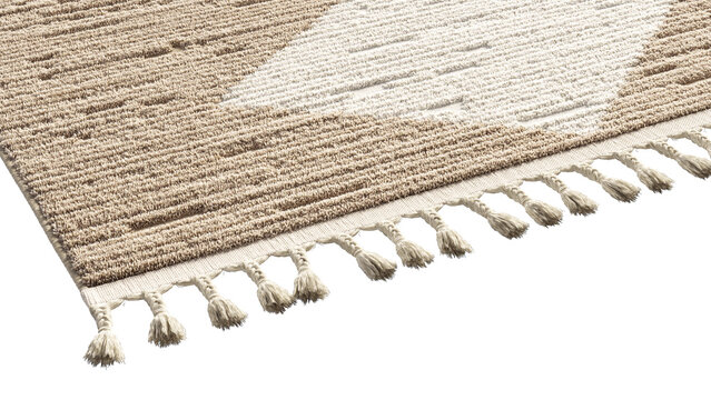Beige polypropylene rug with stacked diamond high-low texture and long tassel fringe, shown as a 3D render and visualization for modern and bohemian interiors.