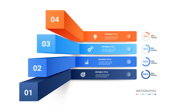 Modern 3D 4 Steps Business Infographic Template with Progress Indicators Horizontal Banners and Chart Concept Background