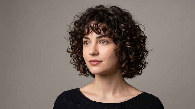 Portrait of attractive young woman with short curly permed hair