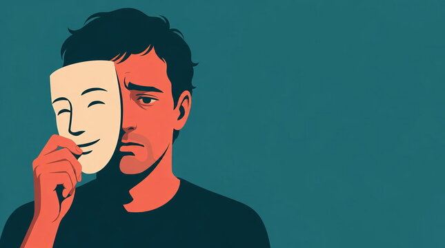 Sad man holding smiling mask covering half of face