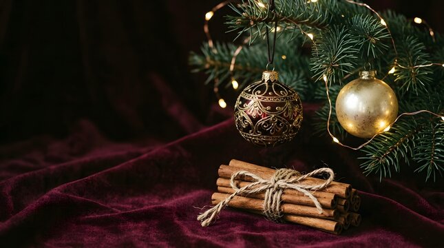 A festive christmas scene featuring golden ornaments twinkling lights and cinnamon sticks tied with twine