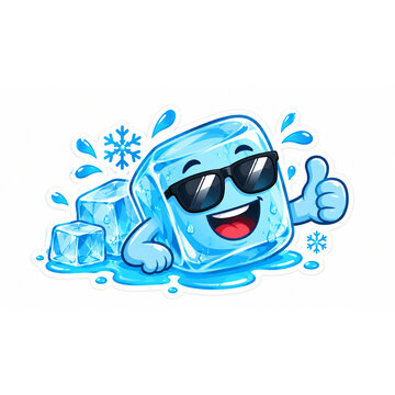 Cool ice cube cartoon character with sunglasses giving thumbs up sticker isolated on white background