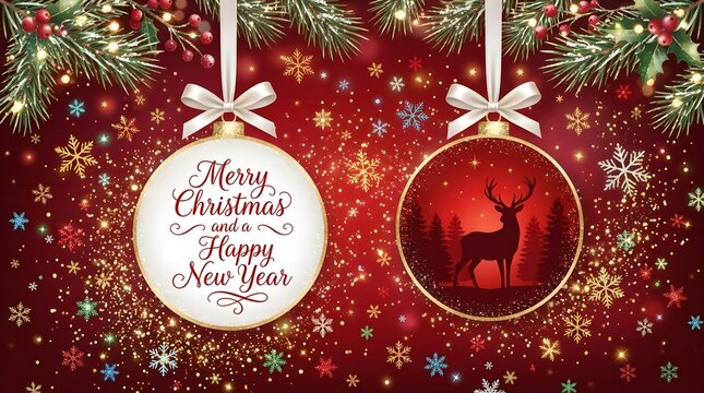 Festive christmas ornaments hanging against a sparkling red and green holiday background