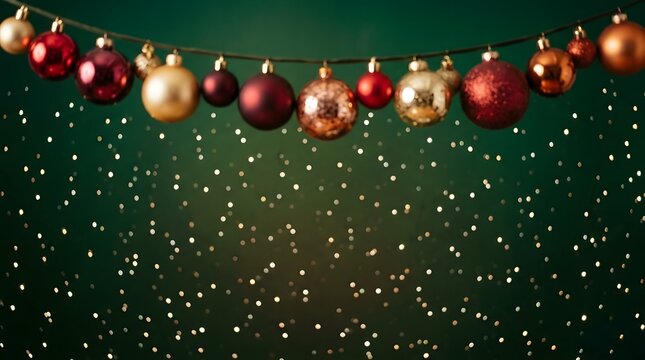 A beautiful and festive christmas scene featuring shimmering ornaments and a blurred sparkling green background