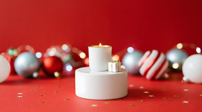 A festive christmas scene featuring a lit candle surrounded by colorful ornaments and a red background