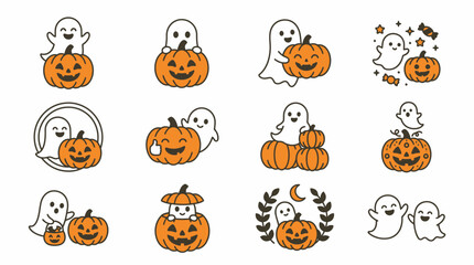 Obraz premium Elegant Halloween Set Whimsical Ghosts and Jack O Lanterns in Minimalist Orange and White Line Art