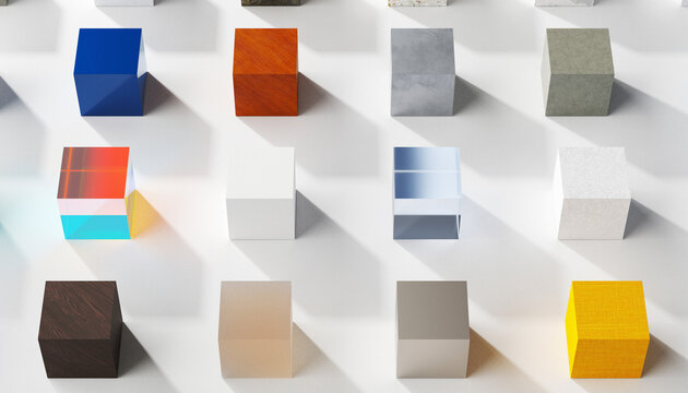Abstract composition of geometric cubes showcasing diverse materials, including glass, wood, metal, stone, and natural textures, arranged on a bright minimalist surface.