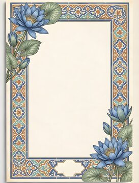 Elegant rectangular frame with blue lotus botanical illustration and arabesque tile border