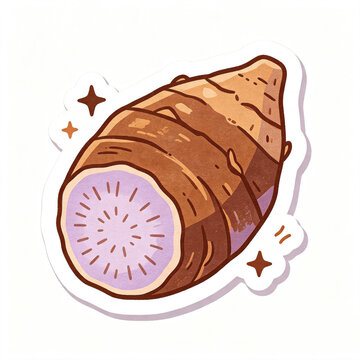 Taro root vegetable sticker vector illustration with sliced cross section and sparkles isolated on white background for asian food menu and cooking design element