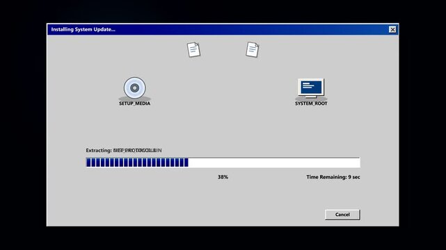 Retro operating system software installation progress bar screen