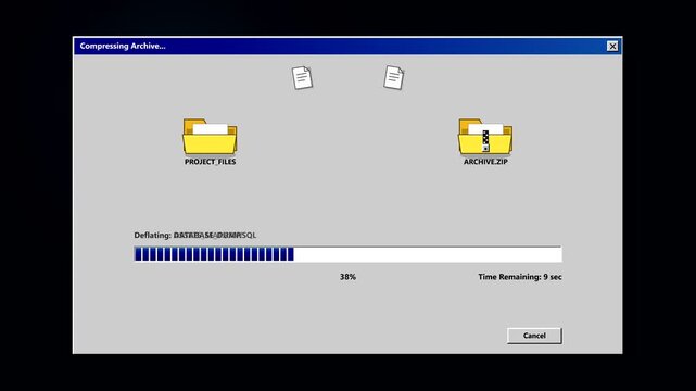 Retro file compression window with progress bar