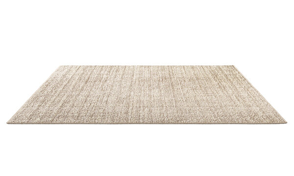 Beige silk rug with handmade construction, fine uneven weave and subtle tonal texture, shown as a 3D render and visualization for modern neutral interiors.