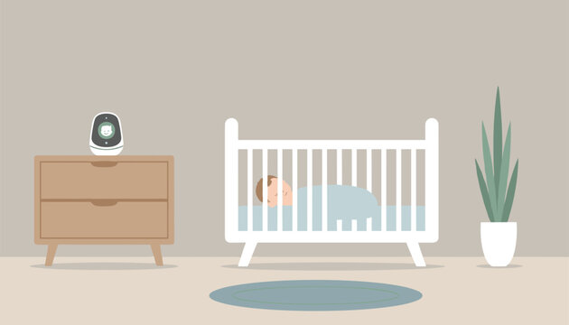 Sleeping baby rests inside a white crib in a nursery room next to a dresser with a video monitor camera.