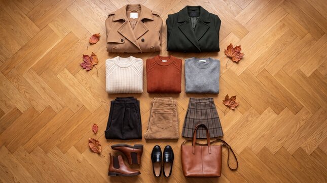 Comprehensive autumn capsule wardrobe flat lay: two coats, three knit sweaters, two pairs of trousers, a skirt, boots, loafers, and bags laid out in an organized grid on a clean parquet wooden floor