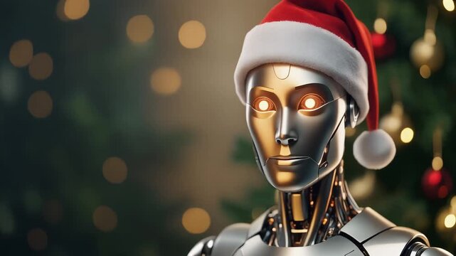 Cinematic Close-up Portrait of Humanoid Robot Wearing Soft Red Santa Hat with Warm Christmas Lights Reflections, 1080p Full HD