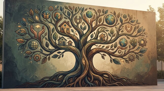 Genealogy Celebration, A vibrant family tree with symbolic branches celebrating global unity