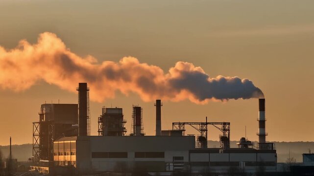 Sprawling Industrial Factory Complex Releasing Long Exhaust Plume into Golden Evening Sky, Cinematic Full HD Environmental Motion Footage
