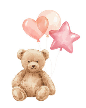 Watercolor Teddy Bear with Pastel Pink Balloons and Star, Cute Baby Girl Nursery Art
