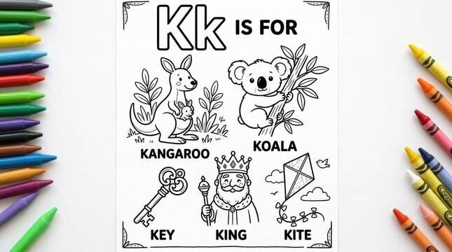 Coloring page for letter k with kangaroo, koala, key, king, and kite