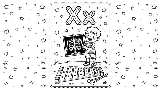 Coloring page for letter x with boy, xray, and xylophone