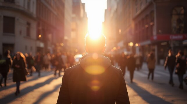 Vista trasera de un hombre caminando por una calle de la ciudad durante la hora dorada, con la c&aacute;lida luz del sol filtr&aacute;ndose entre los edificios altos