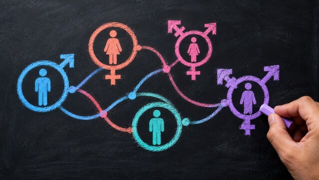 Gender fluid identity map drawn on blackboard with chalk illustrates non binary spectrum.
