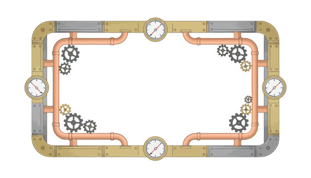 Rectangular steampunk border frame decorated with metallic pipes, corner gears, and side pressure gauges.