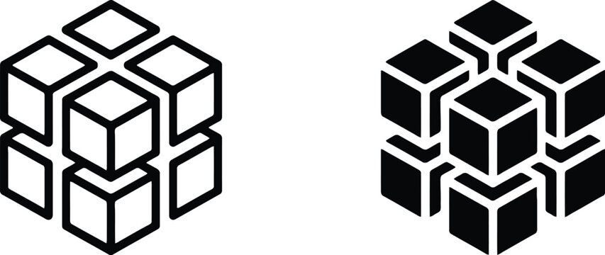 3D cube block vector icon set, outline and solid geometric cubical structure symbol for blockchain, database, modular technology, and software architecture