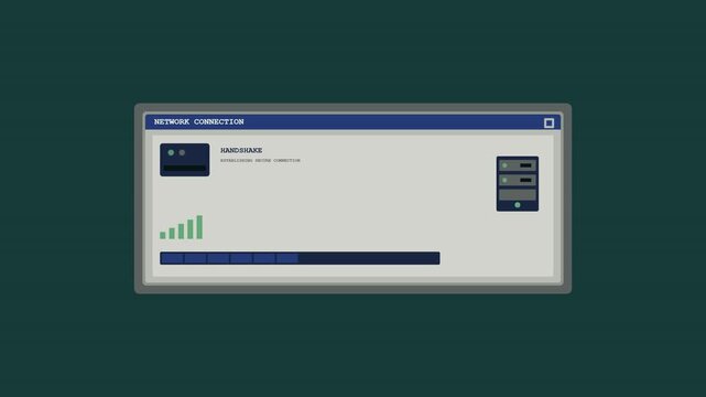 Retro-futuristic computer interface showing a network connection process with signal detection, authentication, data handshake, progress activation, and successful digital connection.