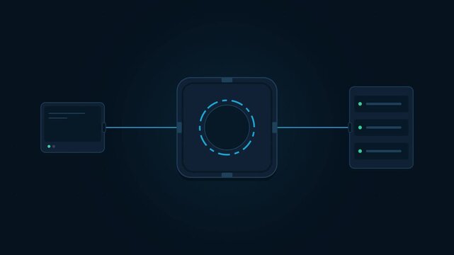Futuristic digital network visualization showing bidirectional data communication between a client device, network gateway, and remote server during a connection handshake.